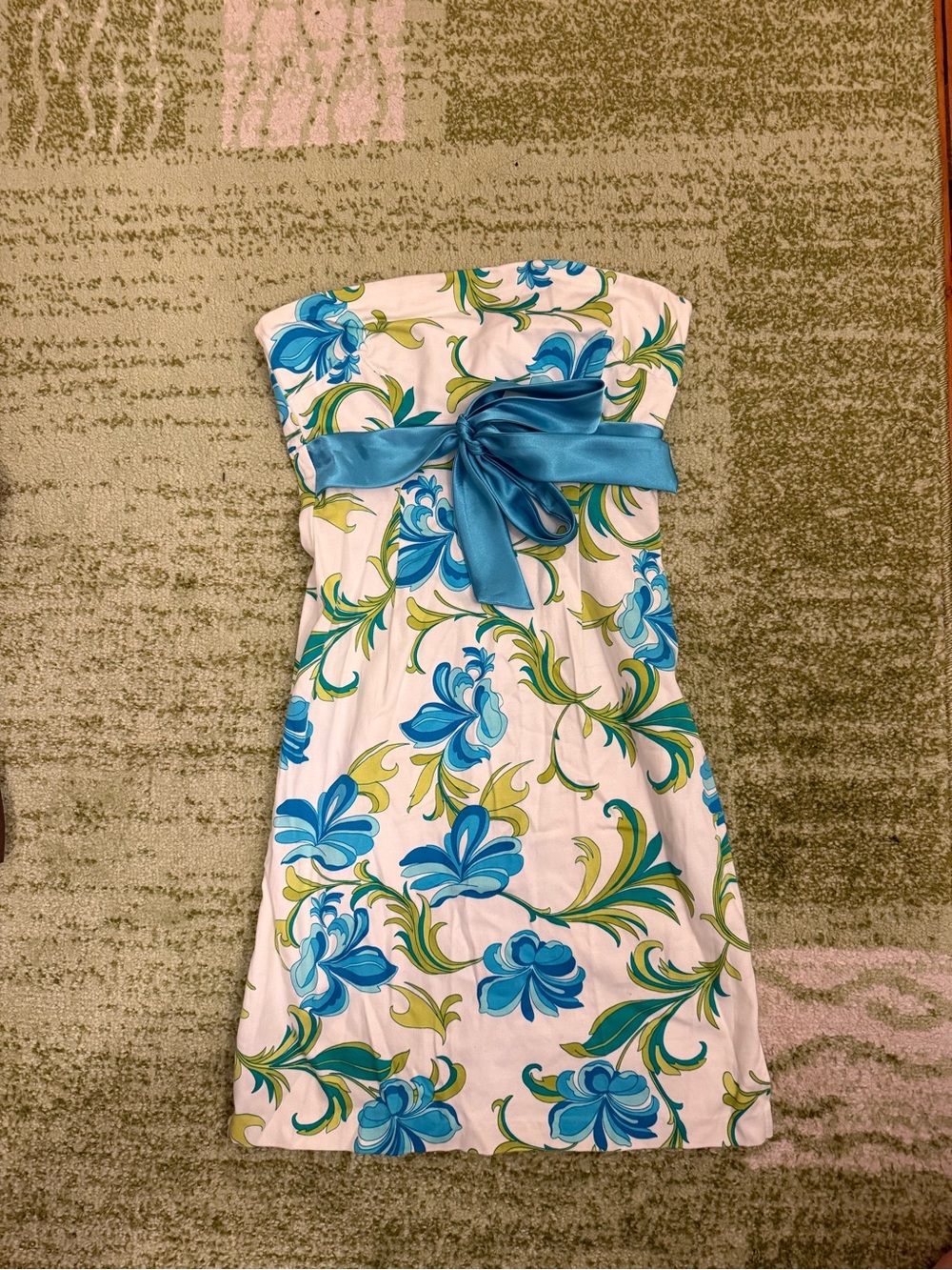 My Michelle White Strapless Dress with Blue and Green Floral Print